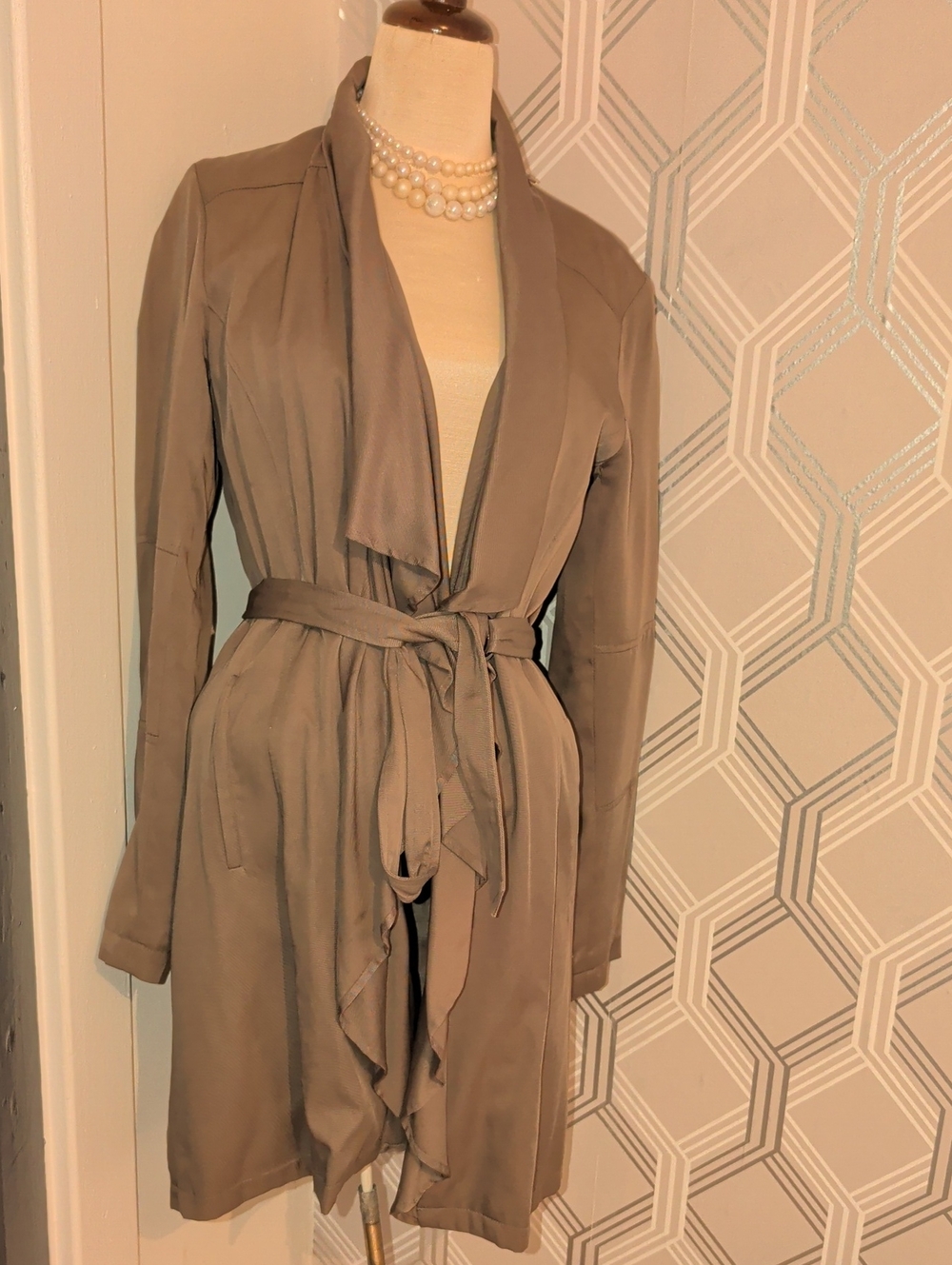 Vince Camuto Taupe Green Wrap Trench Coat with Tie Belt